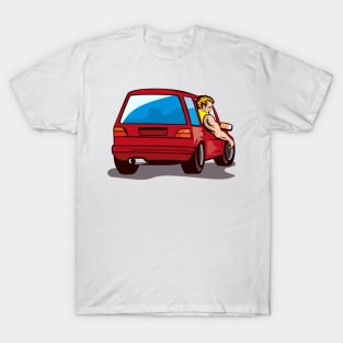 Red Hatchback Car with Man T-Shirt